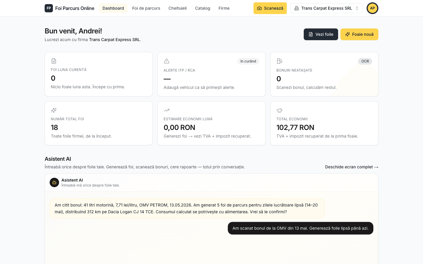 Tabloul de bord Foi Parcurs Online cu economiile fiscale și asistentul AI