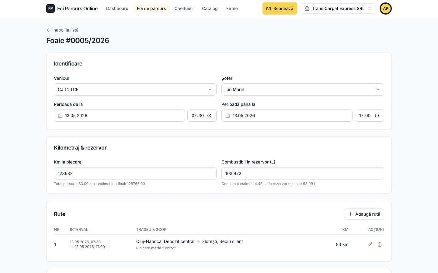 Editorul de foaie de parcurs cu calcule automate de consum