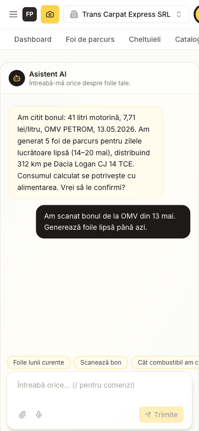 Asistentul AI Foi Parcurs Online pe telefon, scanând un bon și generând foi