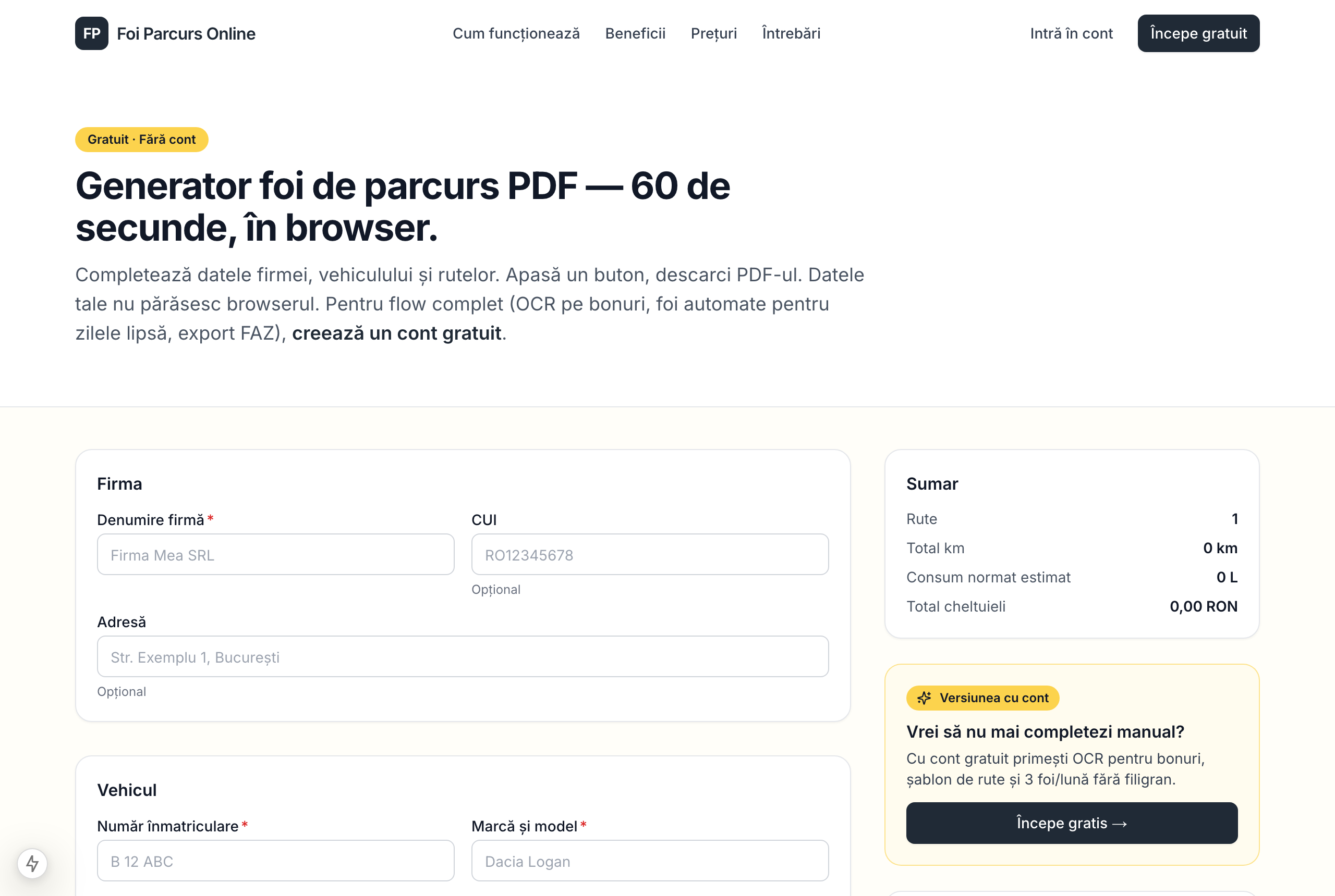 Generatorul gratuit de foi de parcurs PDF online